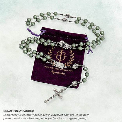Green Pearl Beads Rosary Metal Mystery Roses with Hematite Stone Necklace - Nazareth Store