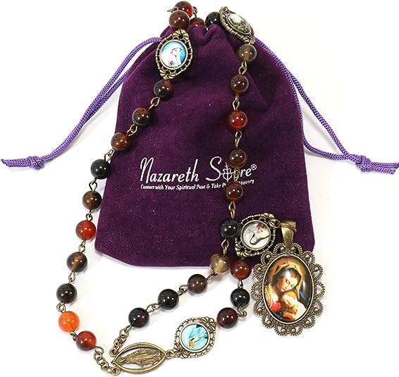 Agate Stone Beads Rosary Necklace Miraculous Medal & Holy Mary Baby Jesus Medallion 22” Nazareth Store