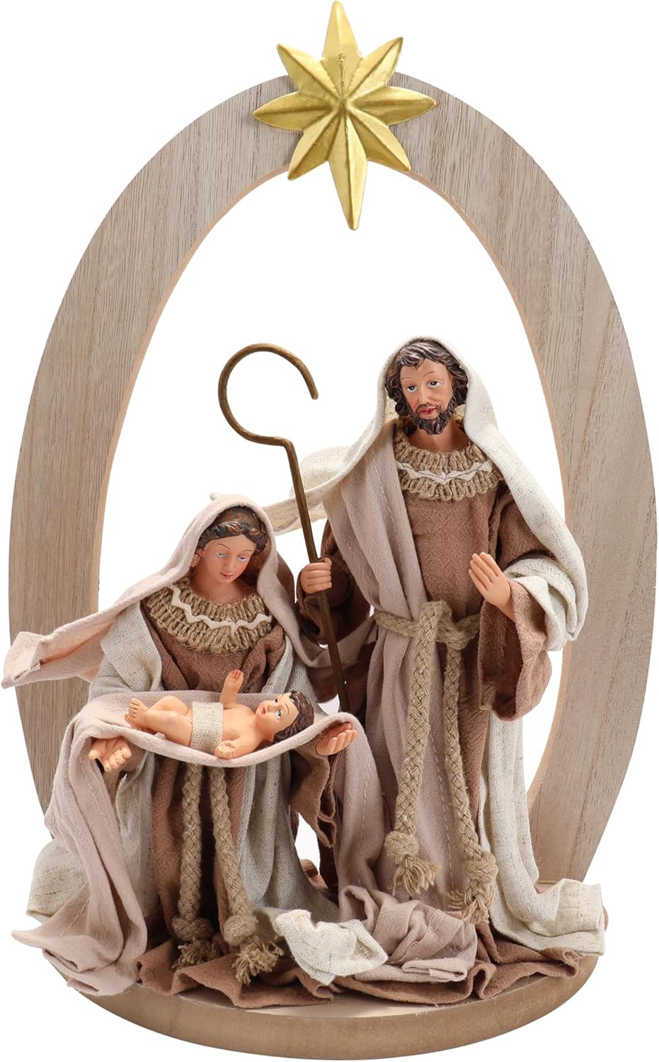 Pine Wood Nativity Set Holy Family in Cotton Fabric Clothes Resin Figurine Collection Christmas Holiday Decor Scene ((14.5 x 10 Inches)) Nazareth Store