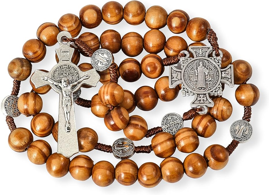 Wood Beads Rosary with St. Benedict, Solid Wooden Prayer Chaplet, Silver Jesus Crucifix & Saint Medal Nazareth Store