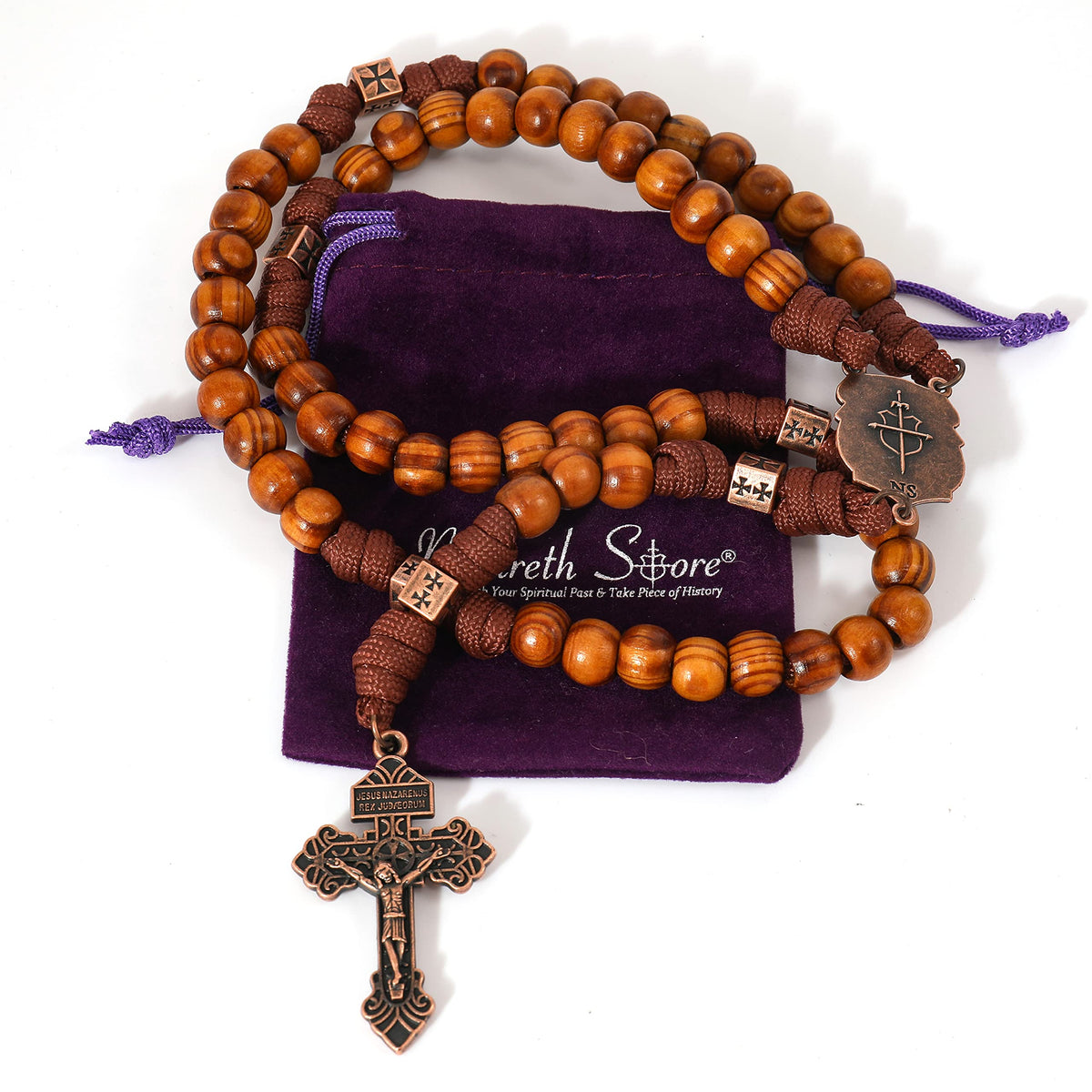Strong Corded Wooden Beads Paracord Rugged Rosary Necklace with St.Michael Medal and Pardon Crucifix - Nazareth Store