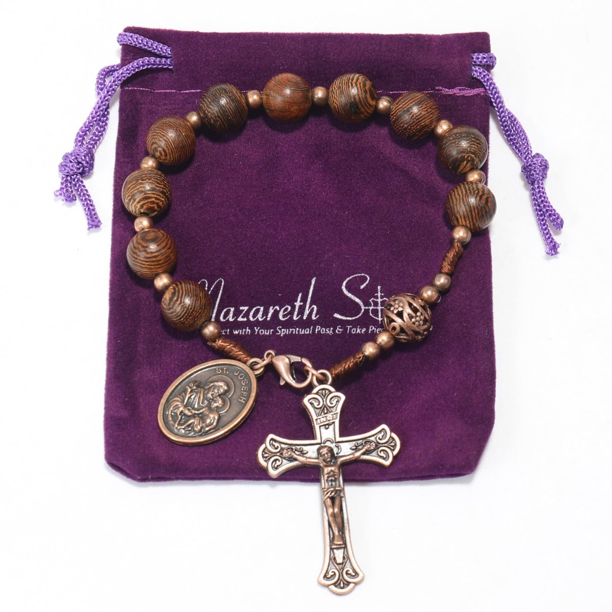 St. Joseph Wood Beads One Decade Car Mirror Beads Rosary with Jesus Cross - Nazareth Store
