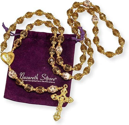 Crystal Beads Gold Flowers Beaded Rosary Necklace Miraculous Heart Locket Medal & Cross - Nazareth Store