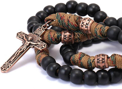 Black Matte Beads Rugged Paracord Rosary St. Benedict INRI Cross Strong Corded Necklace - Nazareth Store