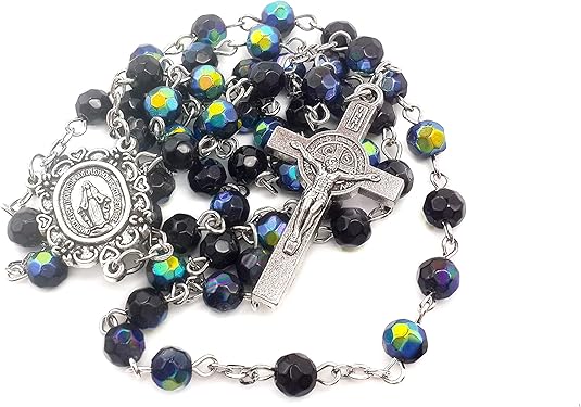 Blue Crystal Beads Saint Benedict Rosary Necklace Miraculous Medal and Cross Nazareth Store