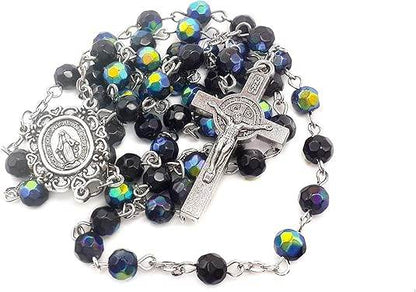 Blue Crystal Beads Saint Benedict Rosary Necklace with Miraculous Medal and Cross - Nazareth Store
