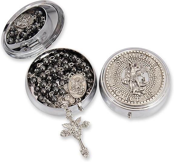 Hematite Rosary Necklace with Silver Archangel Medal & St. Michael Cross - Nazareth Store