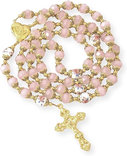 Crystal Beads Gold Flowers Beaded Rosary Necklace Miraculous Heart Locket Medal & Cross Nazareth Store