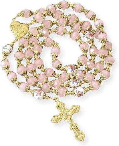 Crystal Beads Gold Flowers Beaded Rosary Necklace Miraculous Heart Locket Medal & Cross - Nazareth Store