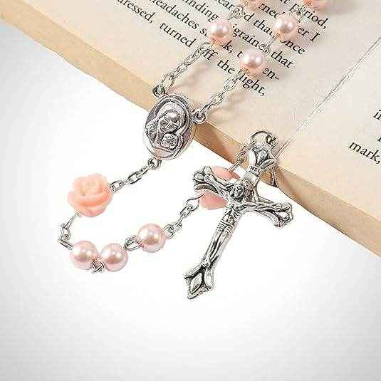 Pink Pearl Beads Rosary Necklace Our Rose Holy Soil Medal