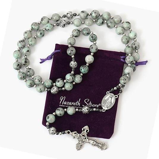 Dalmatian Jasper Natural Stone Rosary Beads Necklace Holy Soil & Cross - Nazareth Store