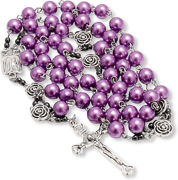 8mm round imitation pearl beads in vibrant purple color accented with metal mystery roses and small hematite stone beads