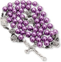 Purple Pearl Beads Rosary Metal Mystery Roses with Hematite Stone Rosary Necklace Nazareth Store