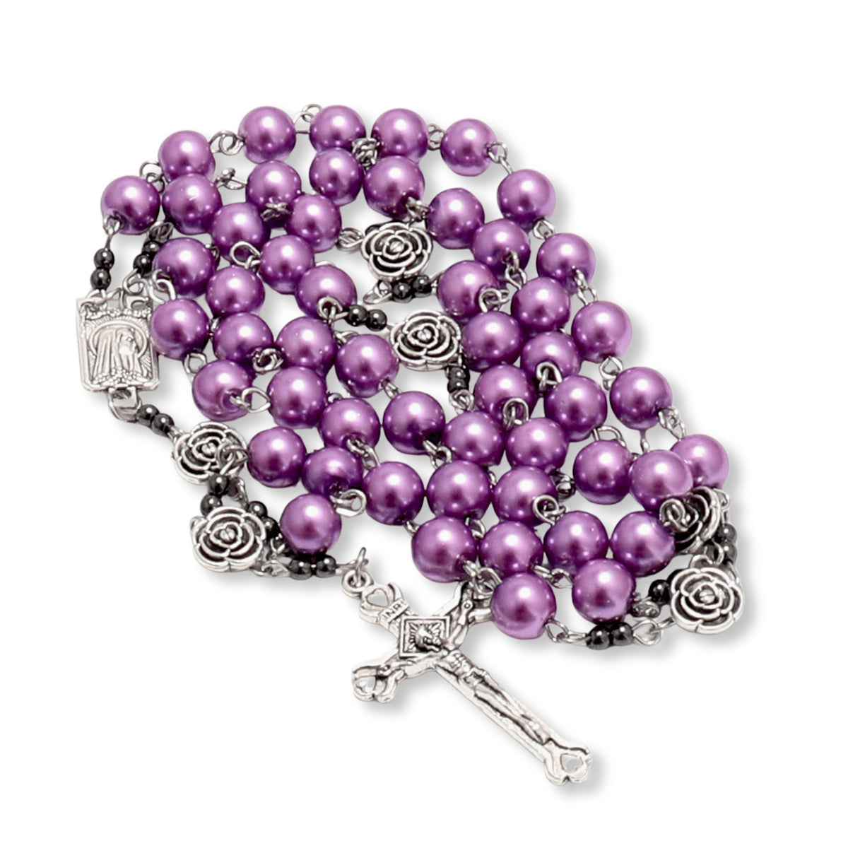 Purple Pearl Beads Rosary Metal Mystery Roses with Hematite Stone Rosary Necklace - Nazareth Store
