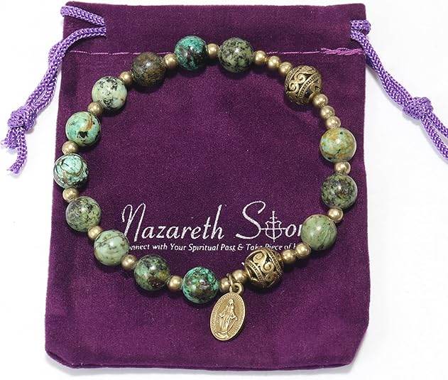 Africa Jasper Stone Beads Rosary Bracelet with Metal Separators and Catholic Miraculous Medal - Nazareth Store