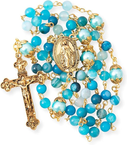 Blue Matte Stone Rosary Necklace with Miraculous Medal & Cross