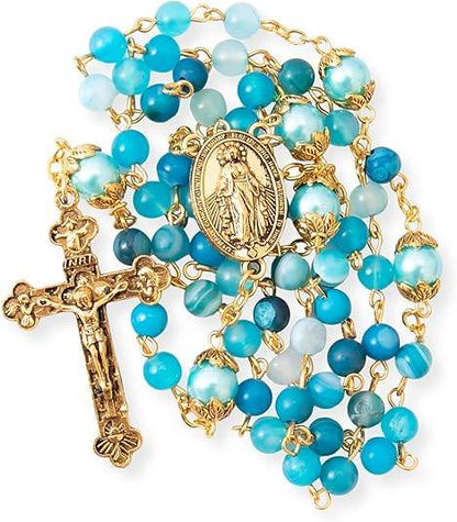 Matte Stone & Pearl Round Beads Rosary Gold Necklace Miraculous Medal & Cross - Nazareth Store