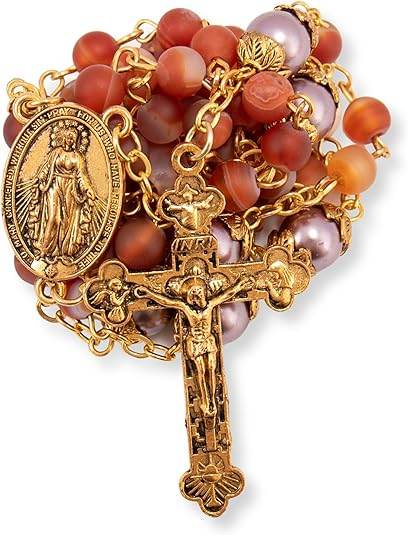 Matte Stone & Pearl Round Beads Rosary Gold Necklace Miraculous Medal & Cross - Nazareth Store