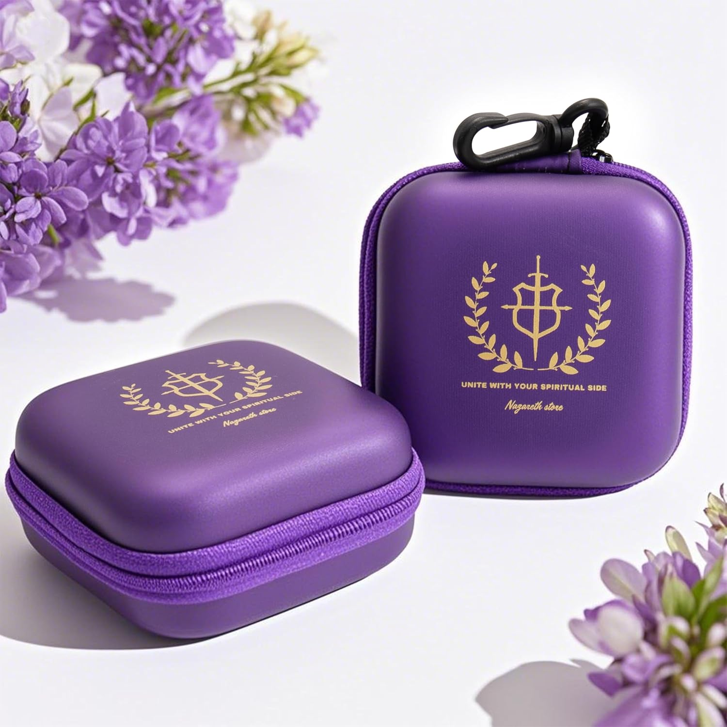 Purple Rosary Case Hard Shell Travel Pouch with Zipper and Clip Nazareth Store