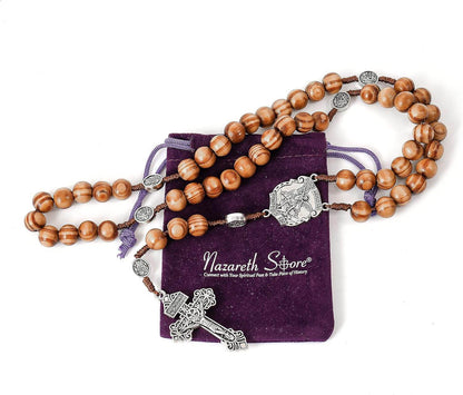 St Michael Sacred Wood Beads Rosary Solid Wooden Prayer Chaplet with Silver Pardon Crucifix - Nazareth Store