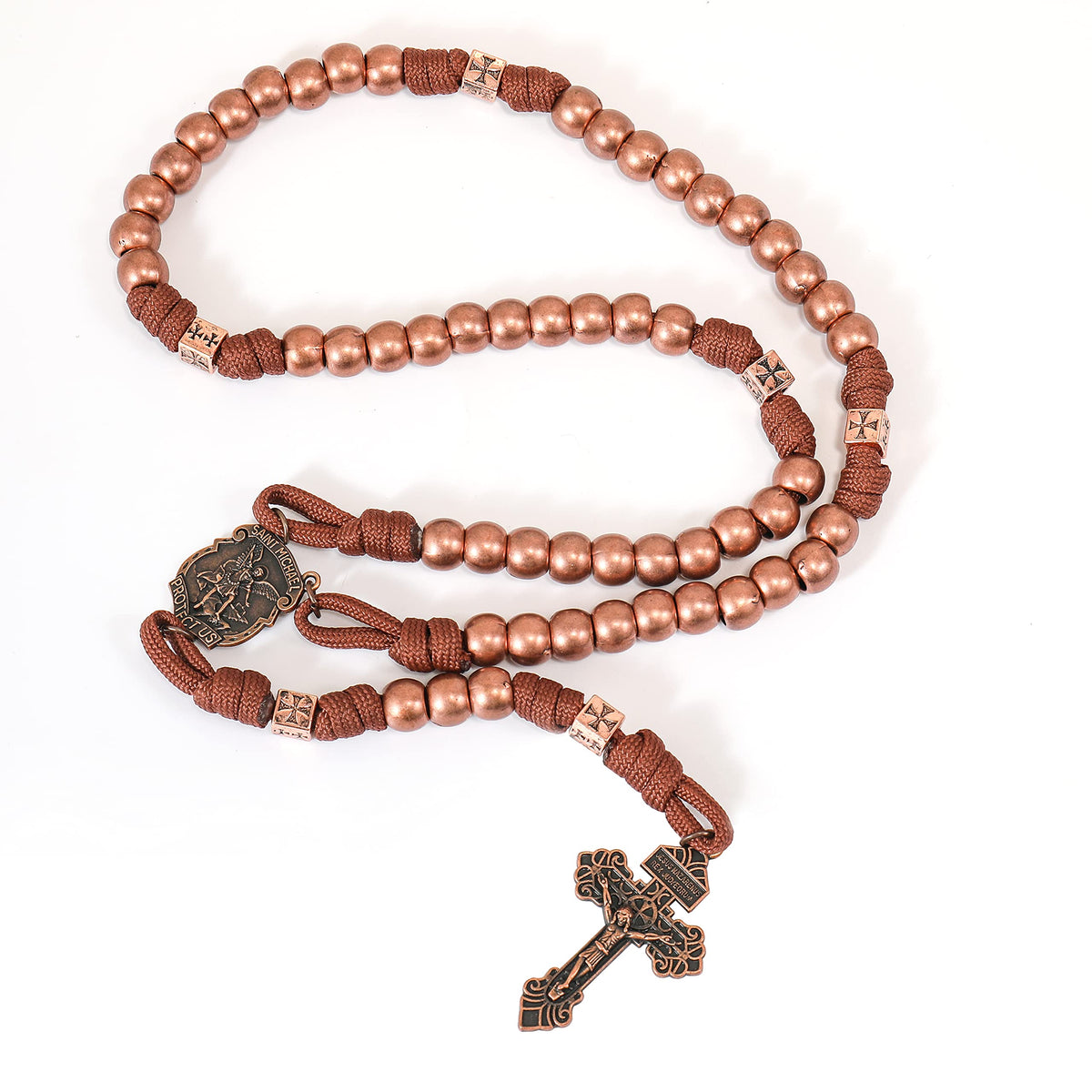 Strong Corded Antique Copper Beads Paracord Rugged Rosary Necklace with St.Michael Medal and Pardon Crucifix - Nazareth Store
