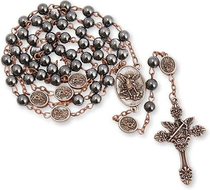 Hematite Rosary Necklace with Copper Archangel Medal & St. Michael Cross - Nazareth Store