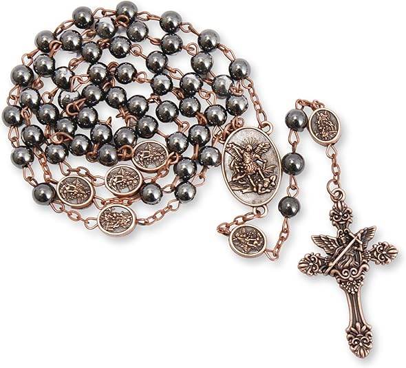 Hematite Rosary Necklace with Copper Archangel Medal & St. Michael Cross - Nazareth Store