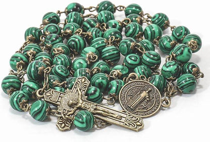 St. Benedict Malachite Antique Bronze Rosary Necklace Cross and Medal - Nazareth Store