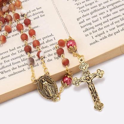 Red Matte Stone Rosary Necklace with Miraculous Medal & Gold Tone Crucifix