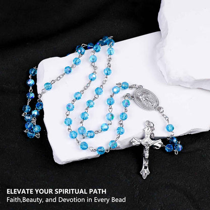 Light Blue Aquamarine Beads Rosary Necklace Crystallized Communion Rosary with Miraculous Medal & Jesus Cross