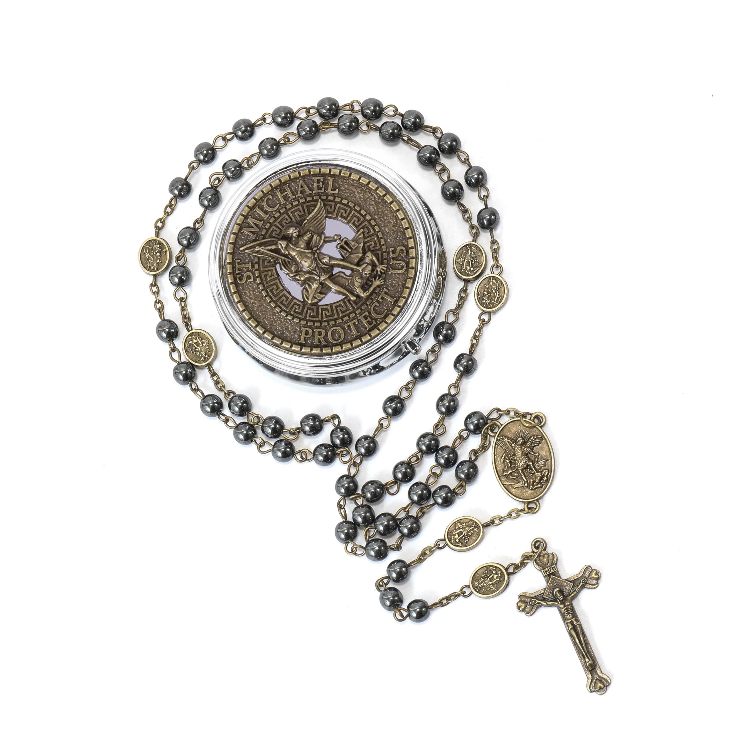St Michael Hematite Rosary Necklace Bronze Metal Box