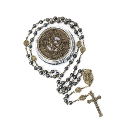 St Michael Hematite Rosary Necklace Bronze Metal Box