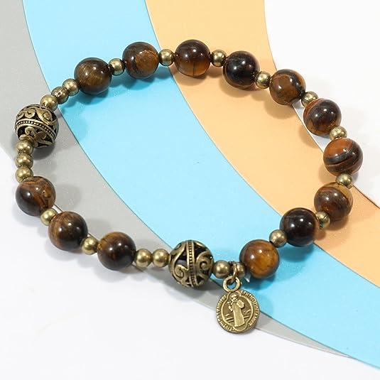 Tiger Eye Stone Beads Durable and Elegant Wrist Bracelet Rosary with Metal Separators and Catholic St. Benedict Medal Nazareth Store