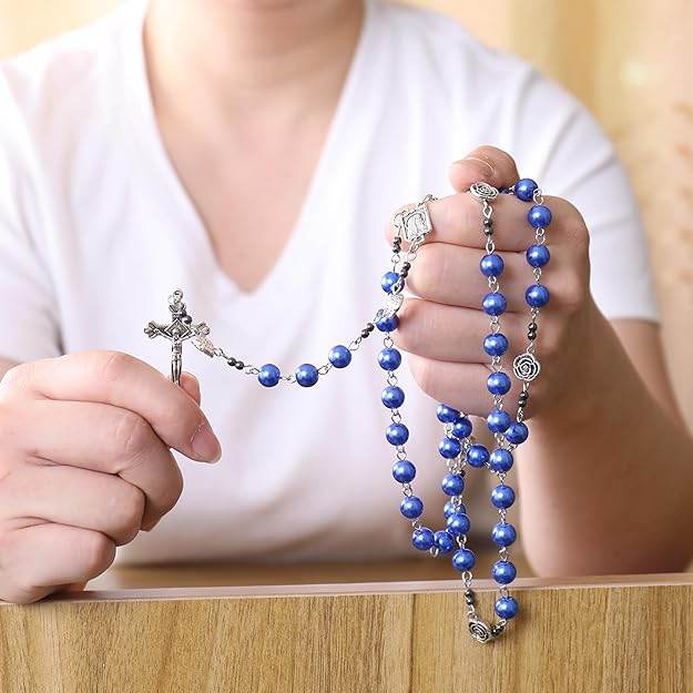 Blue Pearl Beads Rosary Metal Mystery Roses with Hematite Stone Rosary Necklace - Nazareth Store