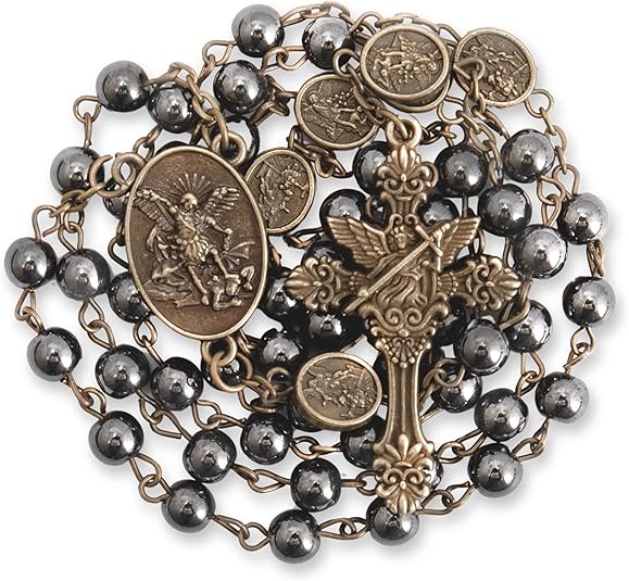 Hematite Rosary Necklace with Bronze Archangel Medal & St. Michael Cross