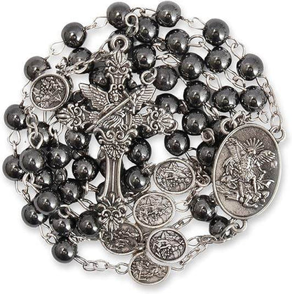 Hematite Rosary Necklace with Silver Archangel Medal & St. Michael Cross - Nazareth Store