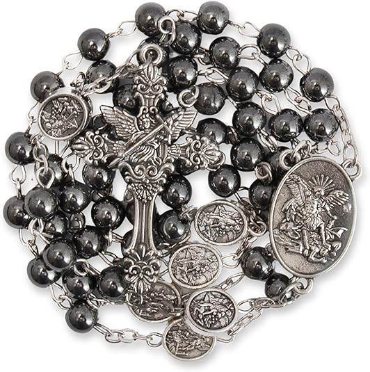 Hematite Rosary Necklace with Silver Archangel Medal & St. Michael Cross - Nazareth Store