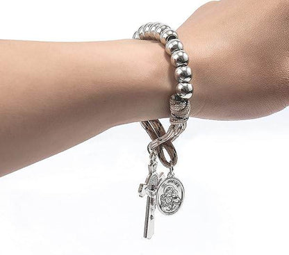 Silver Beads Brown Paracord Pocket Car Rosary St. Joseph Medal & St. Benedict Cross - Nazareth Store