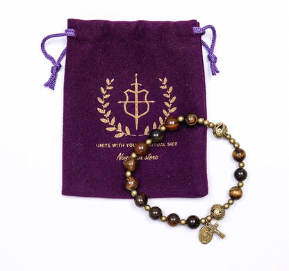 Brown Tiger Eye Rosary Bracelet Metal Separators with Miraculous Medal & Cross Wrist Jewelry (Copy)