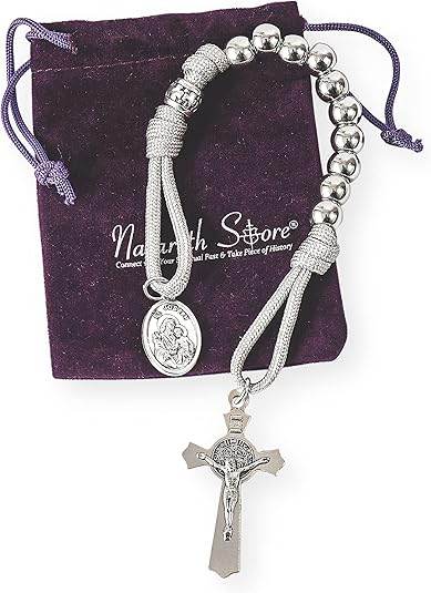 Strong Military One Decade Grey Paracord Rosary Silver Beads Pocket Car Rosary St. Joseph Medal & St. Benedict Cross - Nazareth Store