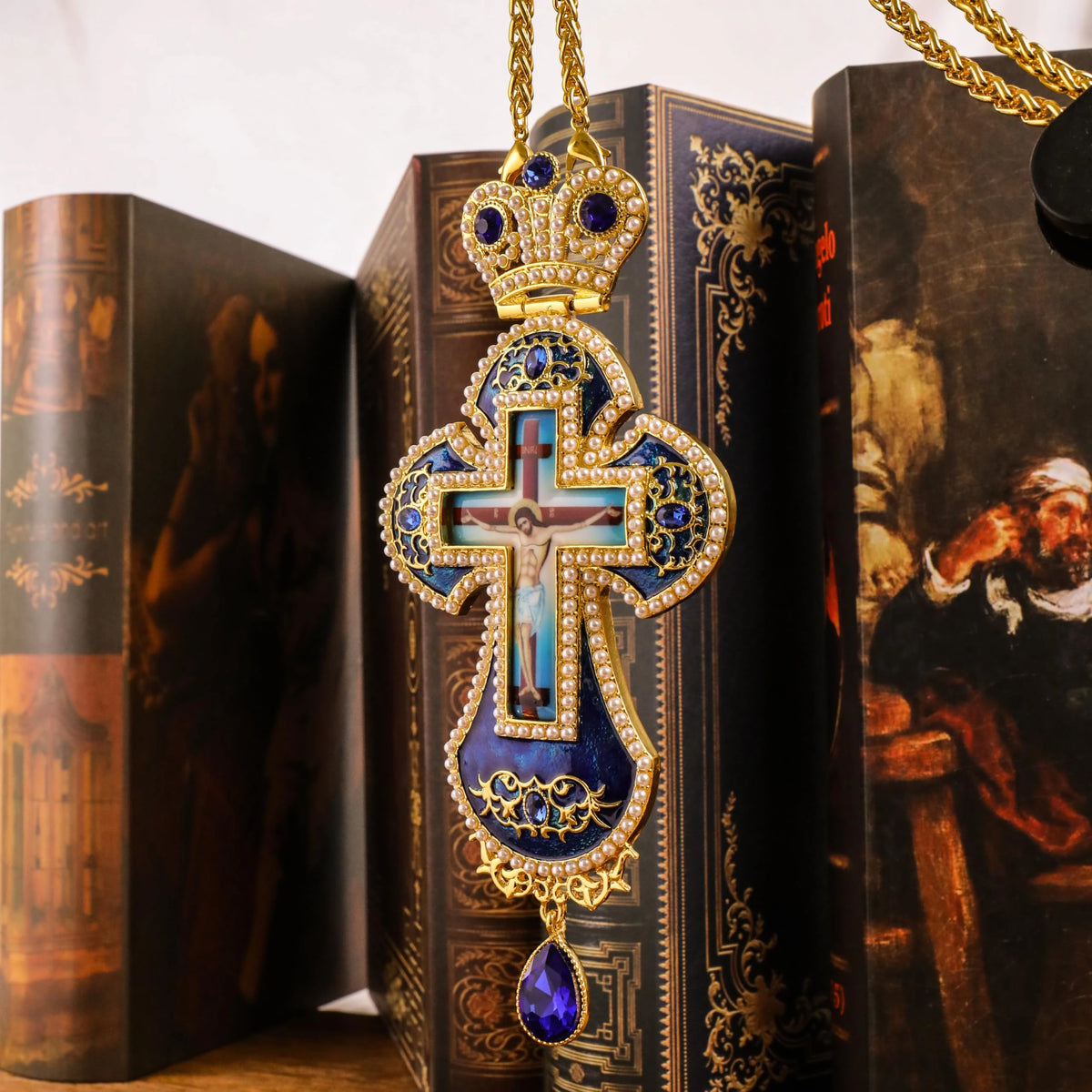 Blue Pearl Cross Pendant Gold Plated Crucifix Necklace