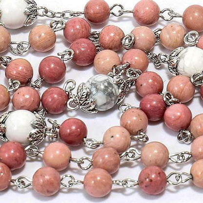 White Howlite Pink Aventurine Beads Rosary Necklace Miraculous Medal Holy Mary Box - Nazareth Store