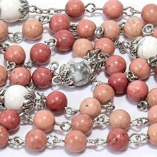 White Howlite Pink Aventurine Beads Rosary Necklace Miraculous Medal Holy Mary Box - Nazareth Store