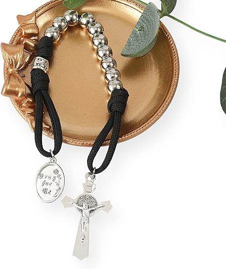 Silver Beads Black Paracord Pocket Car Rosary St. Joseph Medal & St. Benedict Cross - Nazareth Store