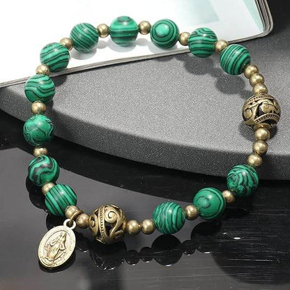 Malachite Stone Beads Rosary Bracelet with Metal Separators and Catholic Miraculous Medal - Nazareth Store