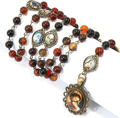Agate Stone Beads Rosary Necklace with Miraculous & Holy Mary Baby Jesus Medal - Nazareth Store