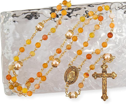 Yellow Matte Stone Rosary Necklace with Pearl Beads Miraculous Medal & Cross