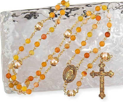 Matte Stone & Pearl Round Beads Rosary Gold Necklace Miraculous Medal & Cross - Nazareth Store