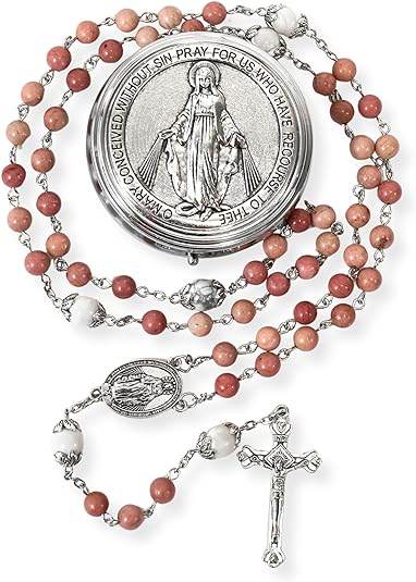 White Howlite Pink Aventurine Beads Rosary Necklace Miraculous Medal Holy Mary Box - Nazareth Store