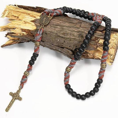 Black Matte Beads Rugged Paracord Rosary St. Benedict INRI Cross Strong Corded Necklace - Nazareth Store